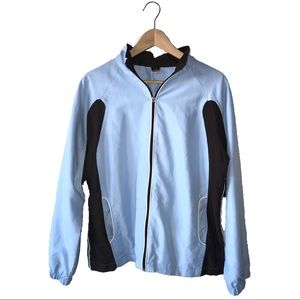 blue brown zip up jackets with white detailing